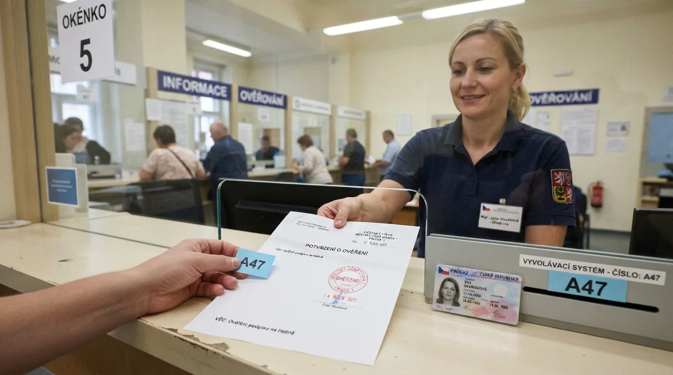 Úředník na přepážce Czech POINT podává hráči orazítkovaný ověřovací dokument, vedle leží občanský průkaz