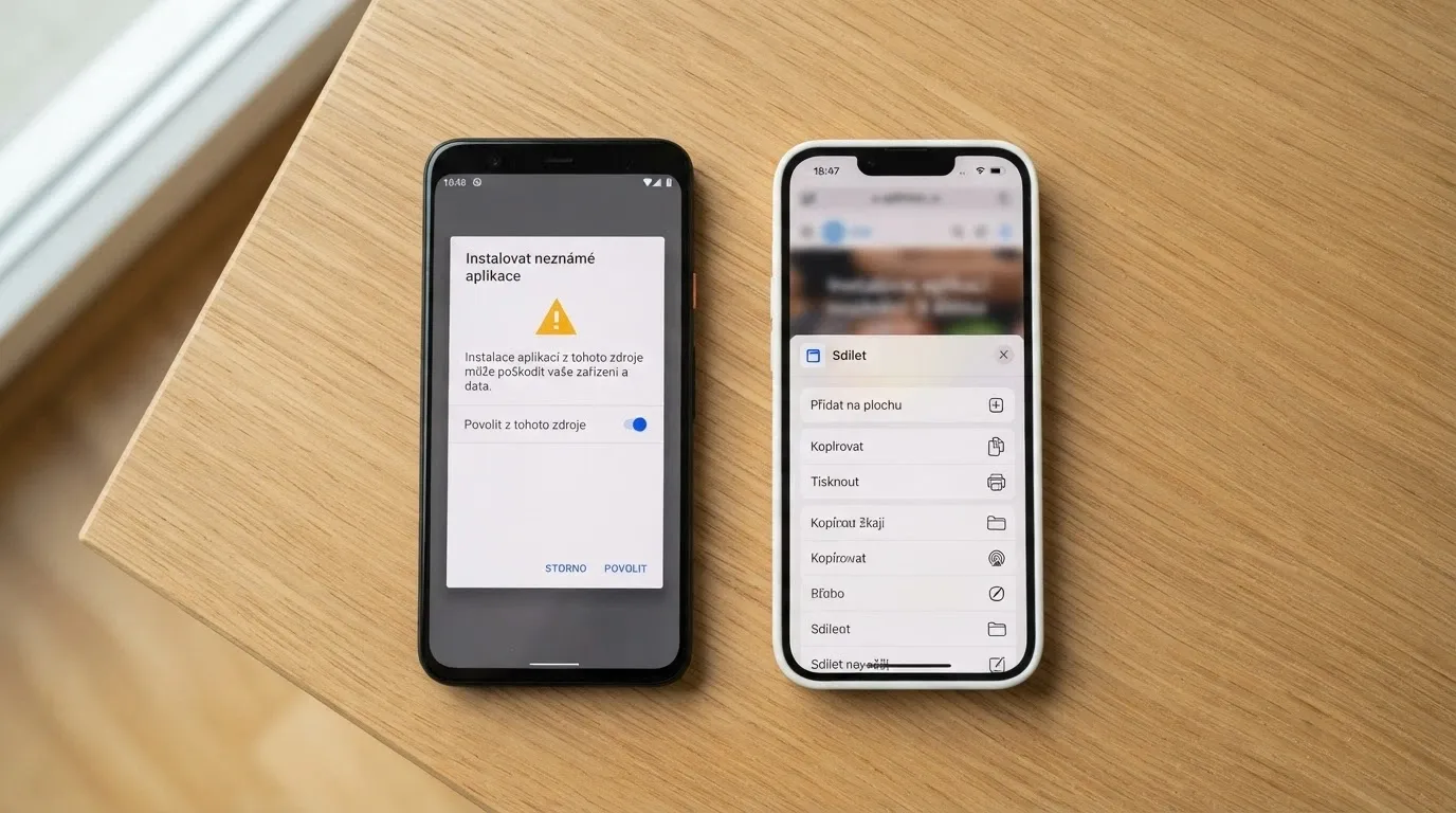 Telefon s Androidem zobrazující dialog „Instalovat aplikaci z neznámého zdroje“ vedle iPhonu s nabídkou „Přidat na plochu“