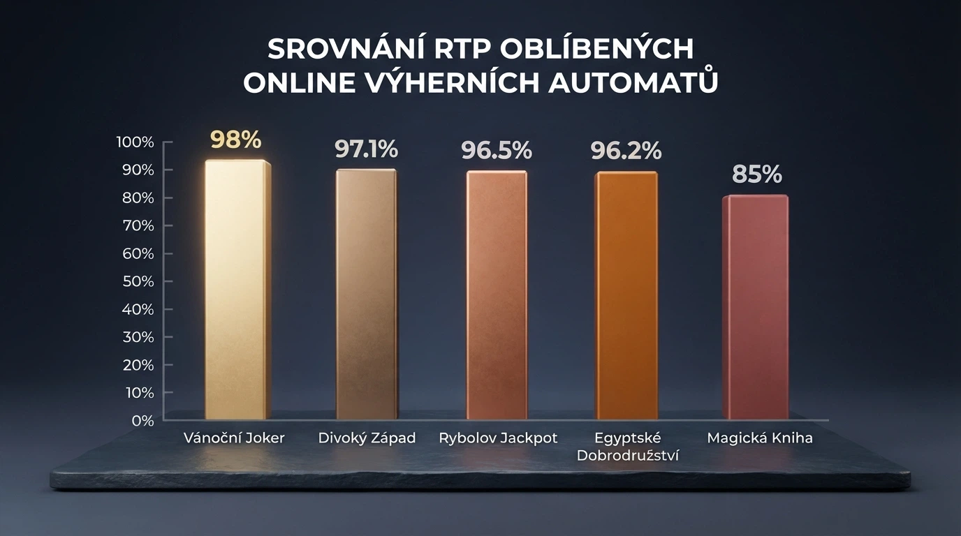 Koláž obálek několika oblíbených online automatů s vyznačenou hodnotou RTP u každého z nich