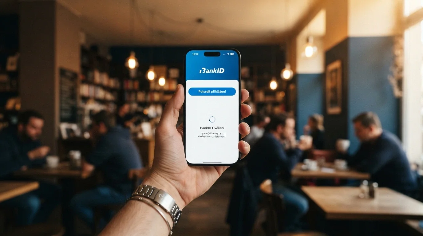 Mobilní telefon s obrazovkou BankID a tlačítkem pro ověření totožnosti