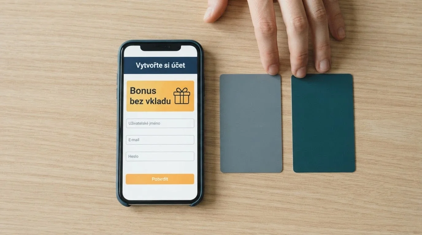 Detail ruky držící telefon s otevřenou registrační stránkou casina, vedle telefonu leží česká občanka a platební karta, na obrazovce zvýrazněná sekce „bonus bez vkladu“