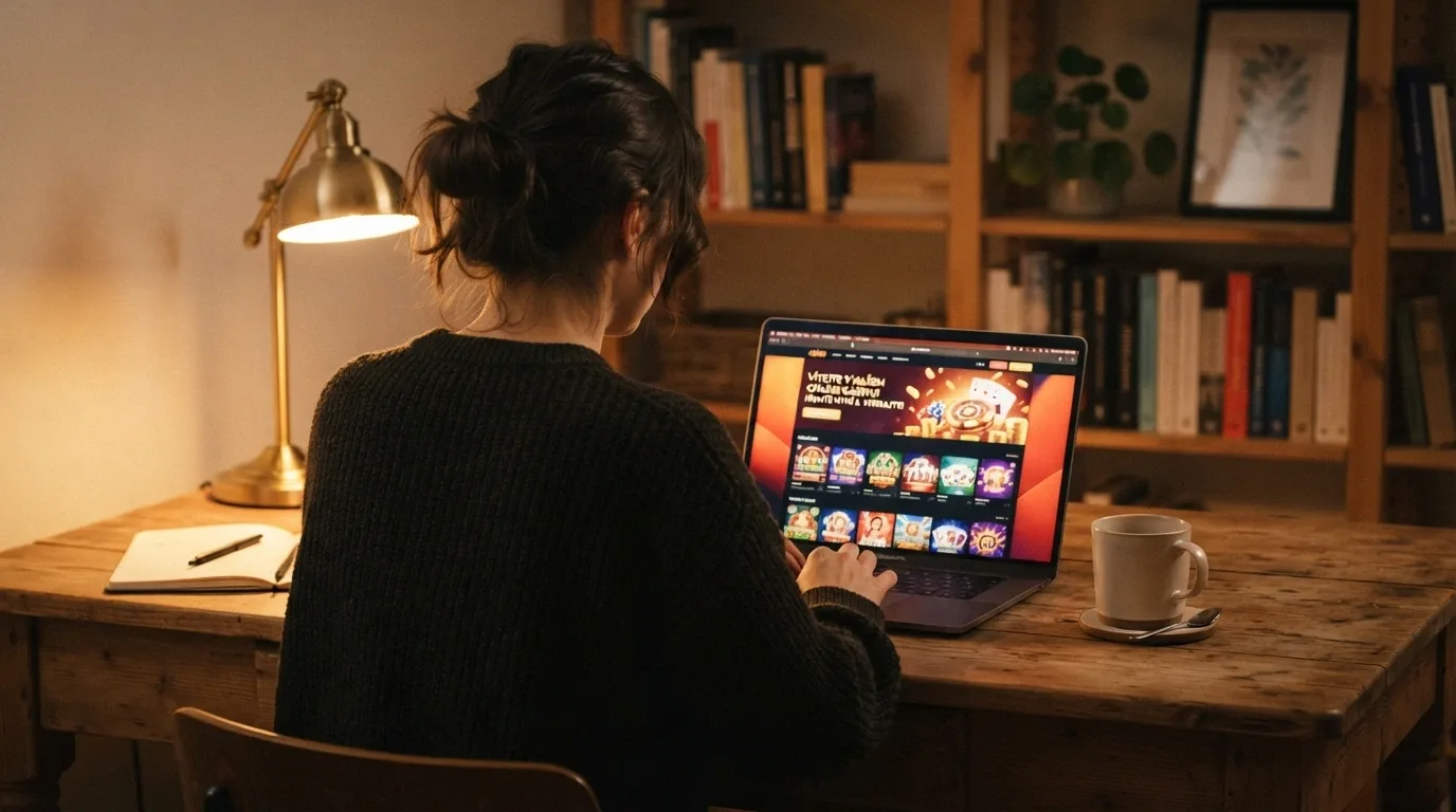 Hráč u počítače prohlížející si srovnání online casin s šálkem kávy