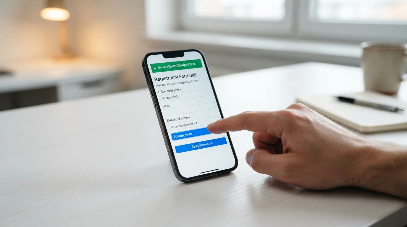 Registrační formulář online casina s vyznačeným polem pro bonusový kód, vedle něj mobil s notifikací o připsaném bonusu
