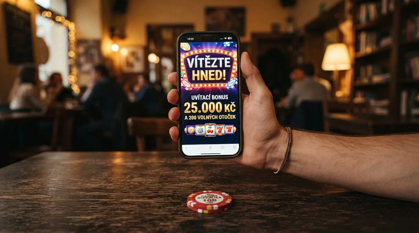 Ukázka uvítací nabídky s bonusem bez vkladu na displeji telefonu