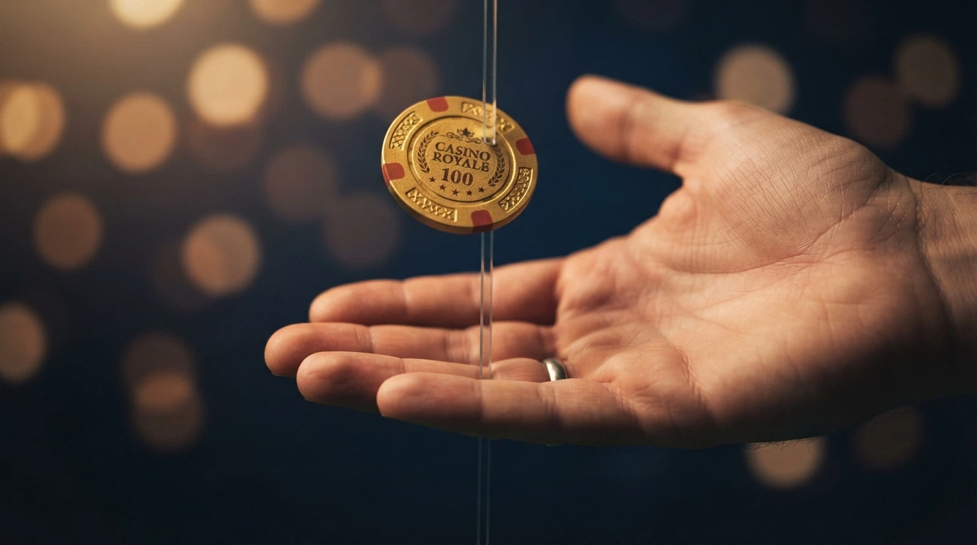 Ruka přijímající zlatou minci, která se před dlaní zastavuje o neviditelnou bariéru — symbol stropu výběru u no-deposit bonusů