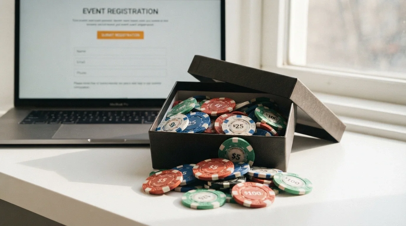 Dárková krabice s vysypanými českými bankovkami a žetony s nápisem FREE SPINS, v pozadí obrazovka s registračním formulářem online casina