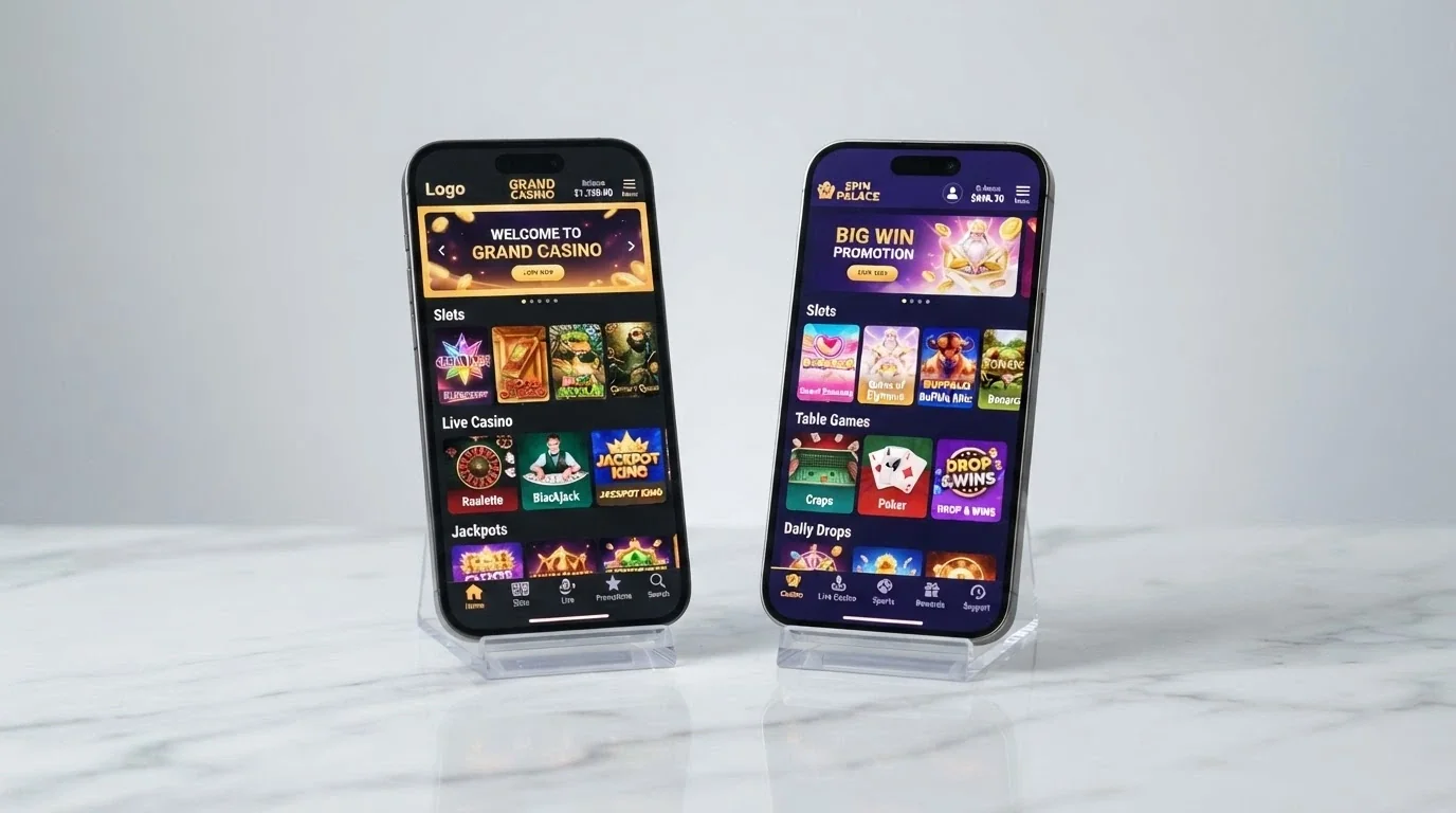 Dva telefony vedle sebe — jeden s operačním systémem iOS a druhý s Androidem — oba ukazují casino aplikaci