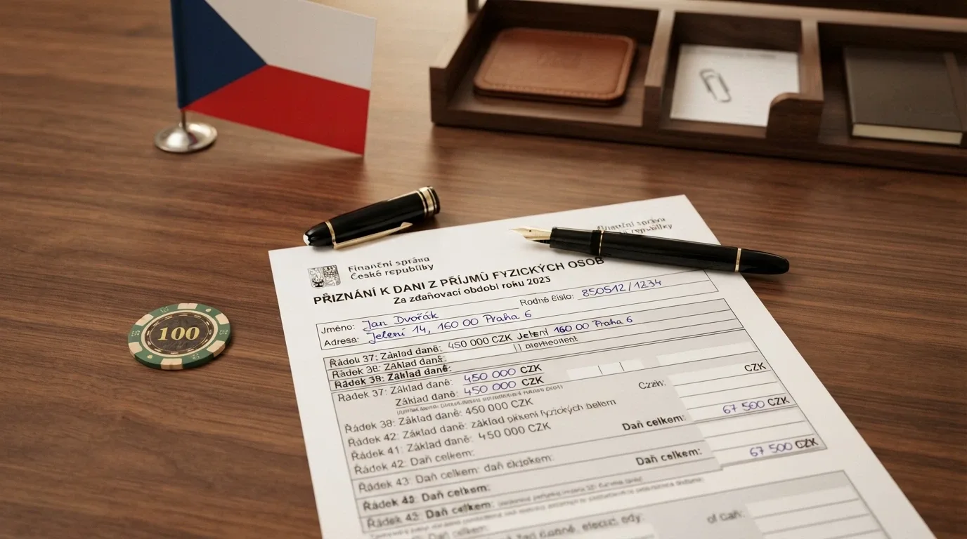 Formulář daňového přiznání s perem, vedle symboly casina — kontrast mezi výhrou a povinností