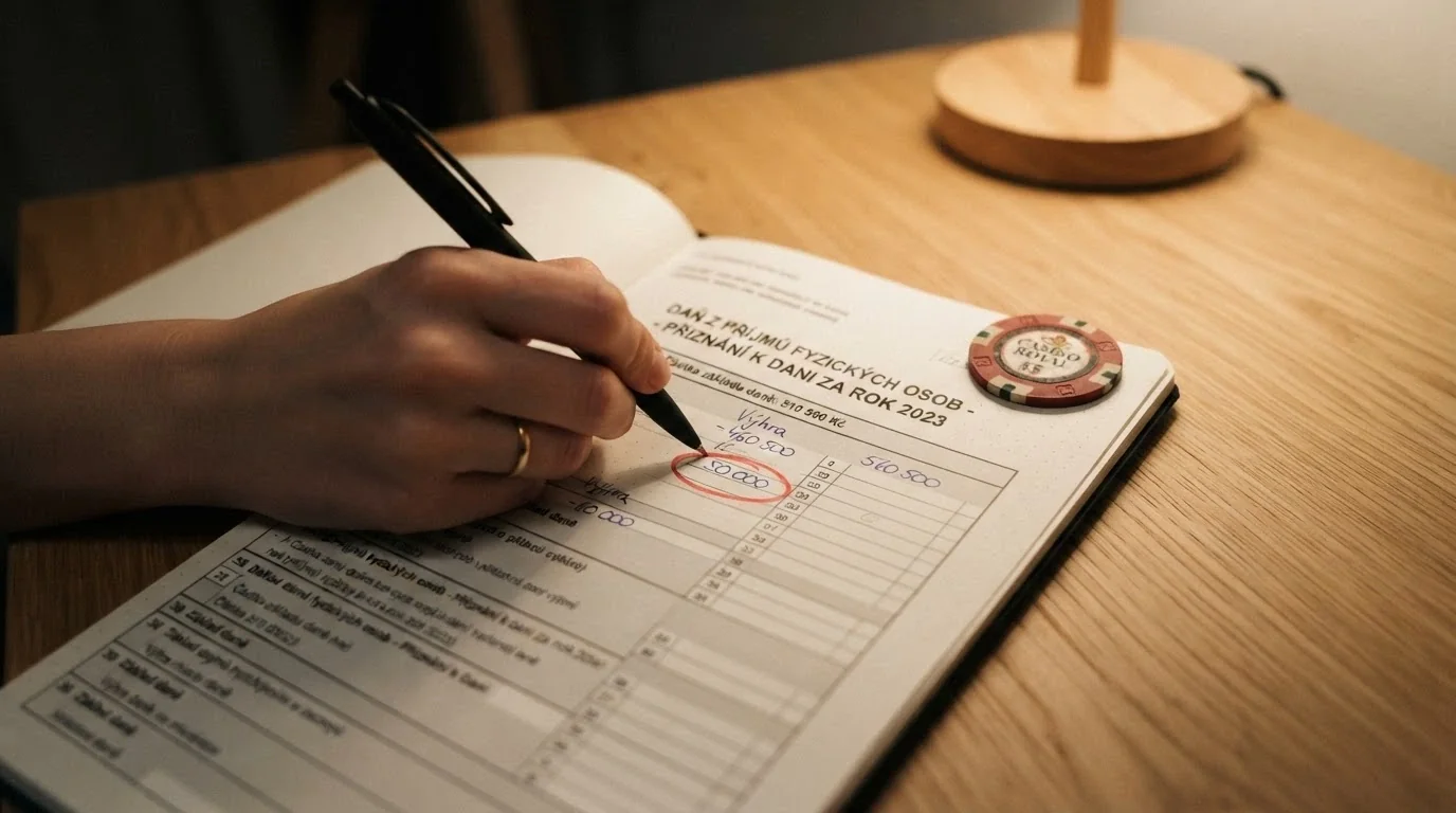 Kalkulačka, daňový formulář a symbolické vyobrazení hranice 50 000 Kč