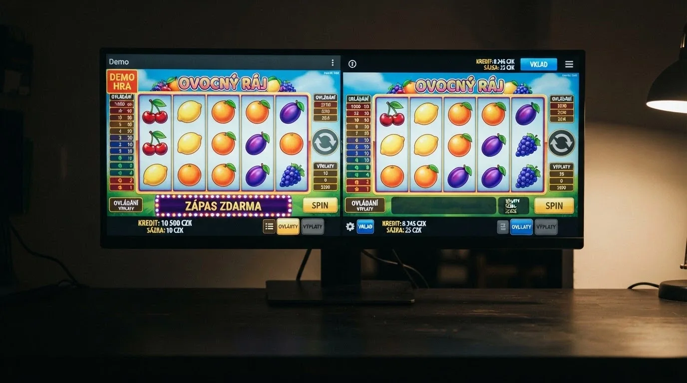 Rozdělená obrazovka: vlevo demo automat s virtuálními kredity, vpravo stejný automat s reálným zůstatkem