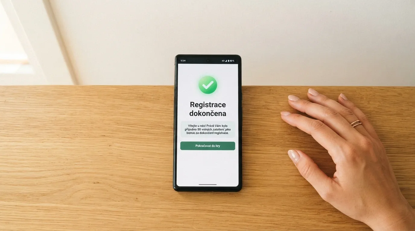 Mobilní telefon s dokončenou registrací do kasina a notifikací o připsaných free spinech bez vkladu