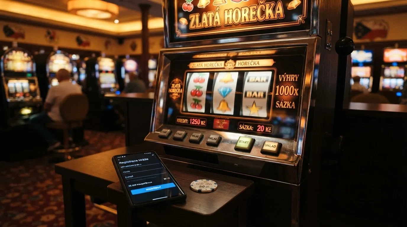 Výherní automat s roztočenými válci a počítadlem free spinů, vedle mobil s otevřenou registrační stránkou casina