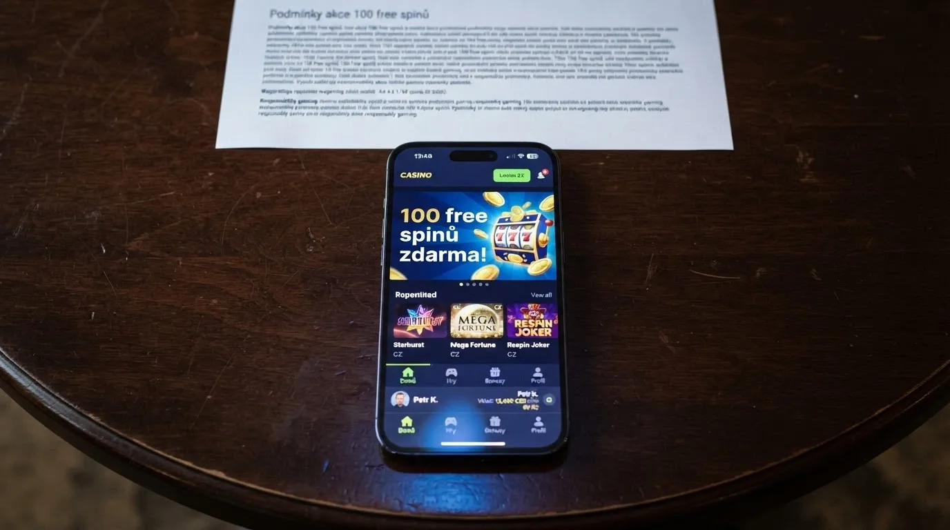 Mobilní telefon s otevřenou casino aplikací, na obrazovce banner „100 free spinů zdarma“, v pozadí slabě viditelný text podmínek