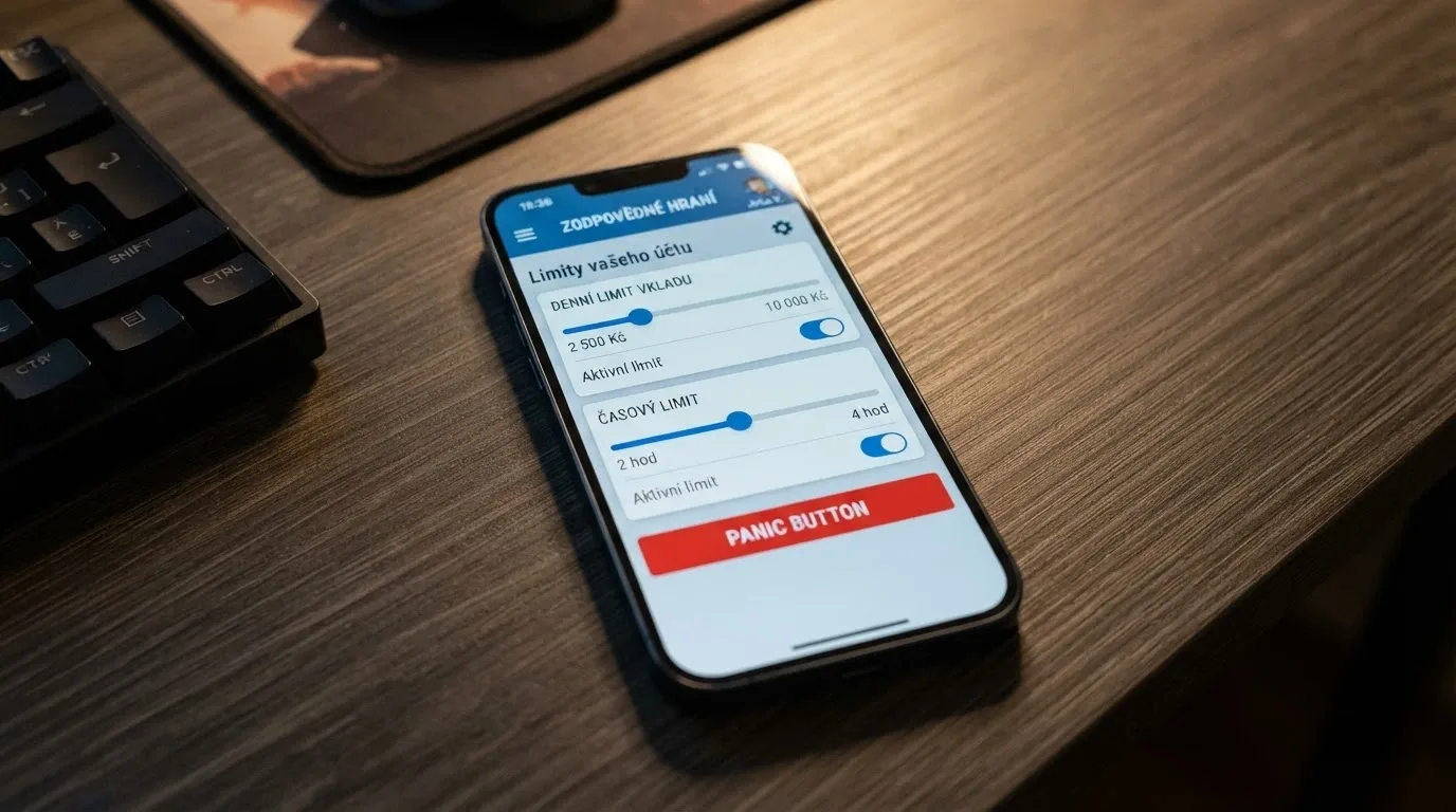 Rozhraní casina s panelem „Nastavení herních limitů“, posuvníky pro denní/měsíční limit vkladu a času, v pozadí nenápadný panic button, teplé uklidňující tóny