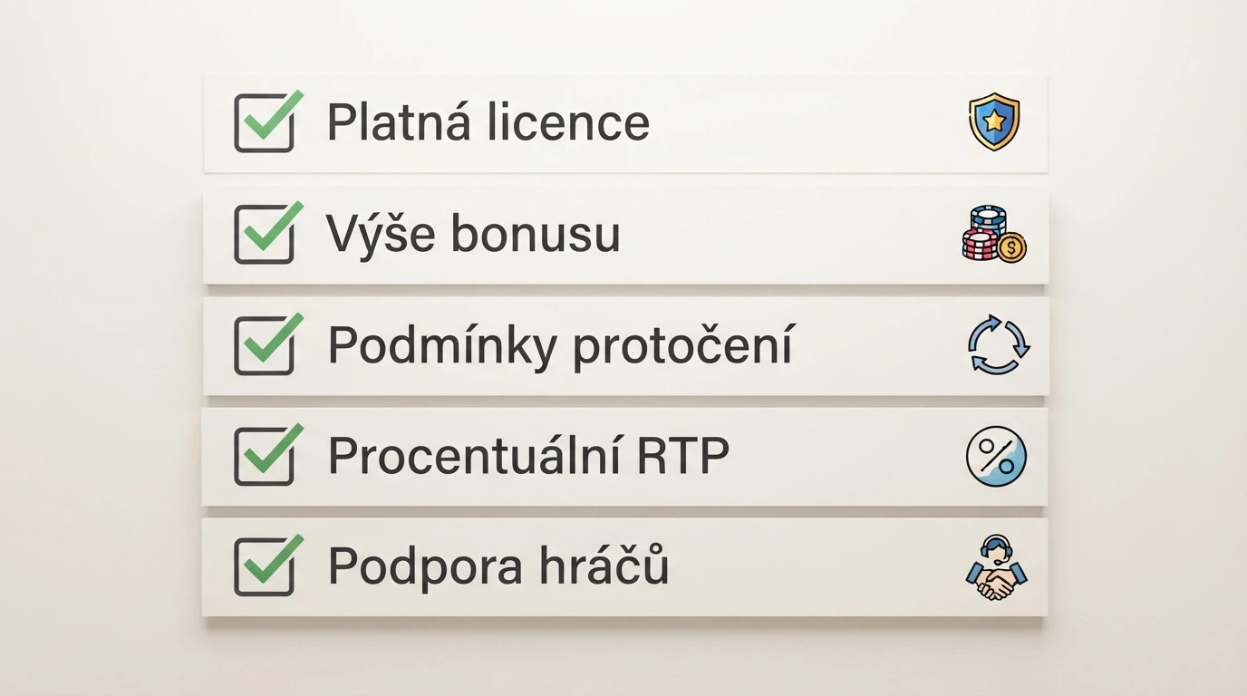 Checklist s odškrtnutými položkami — licence, výše bonusu, wagering, RTP, platební metody, podpora hráče