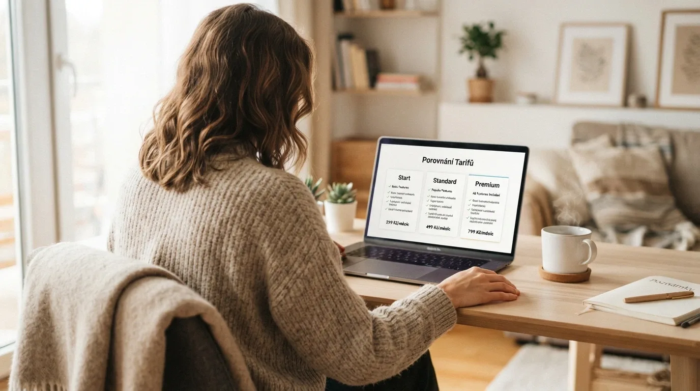 Hráč u notebooku porovnávající online casina s šálkem kávy