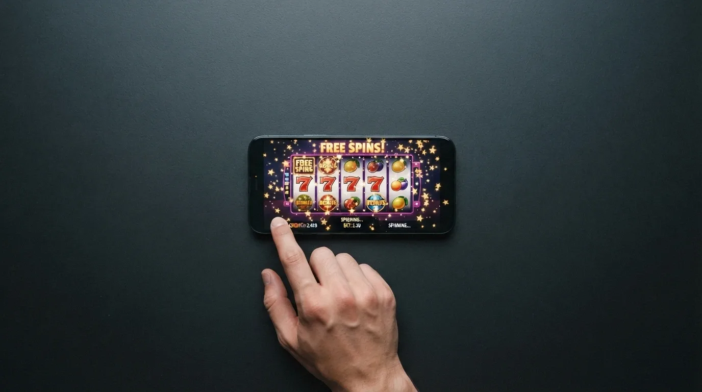 Mobilní telefon zobrazující nabídku volných otočení v online casinu s českou licencí