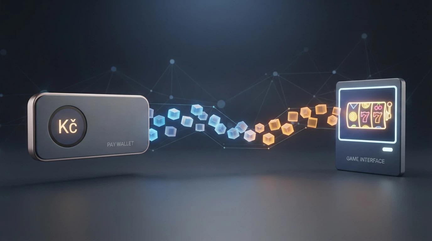 Grafické znázornění krypto transakce z peněženky na herní účet s ikonami BTC, ETH a LTC
