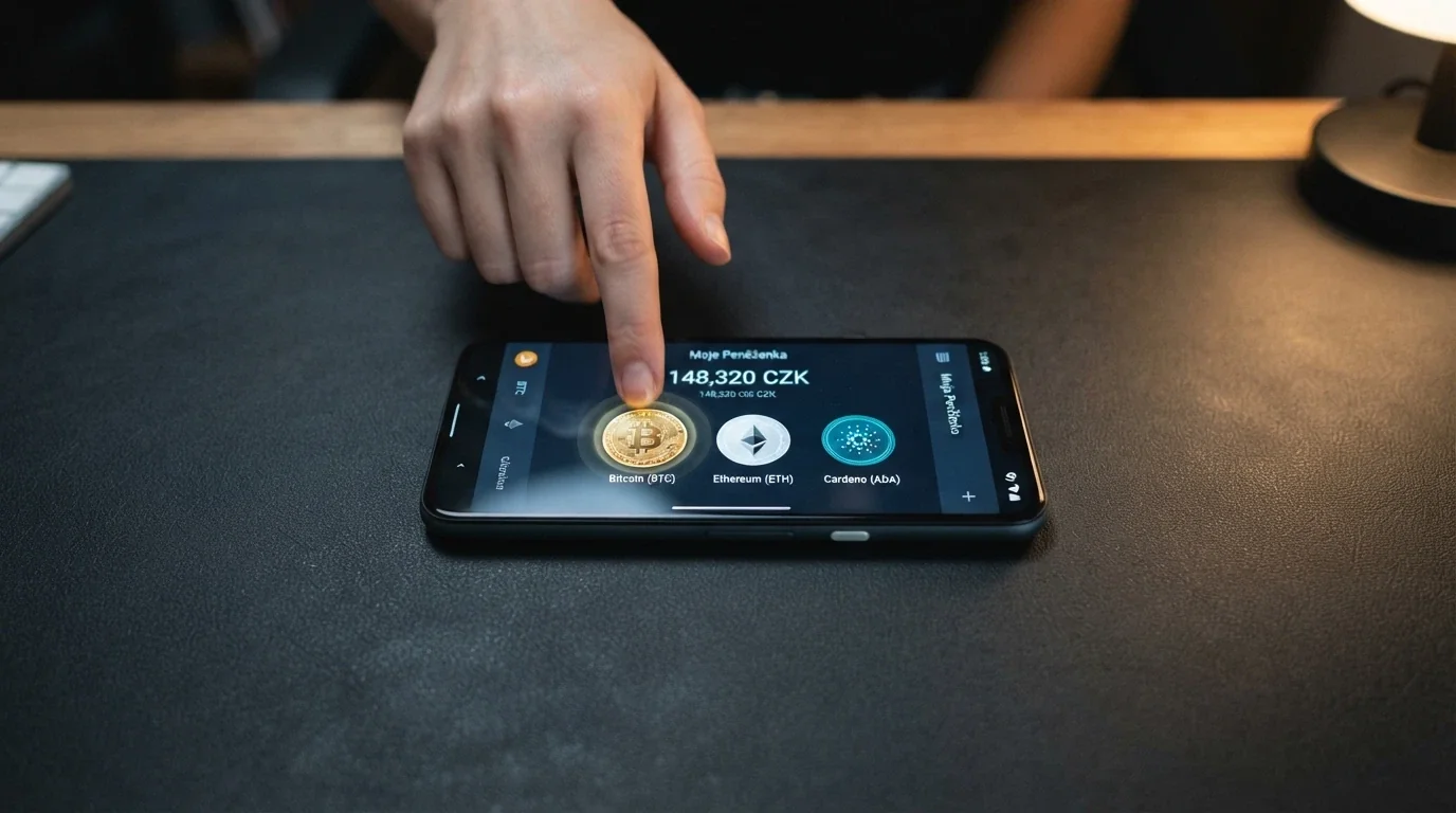 Mobilní peněženka s výběrem kryptoměn — bitcoin, ethereum a USDT na displeji
