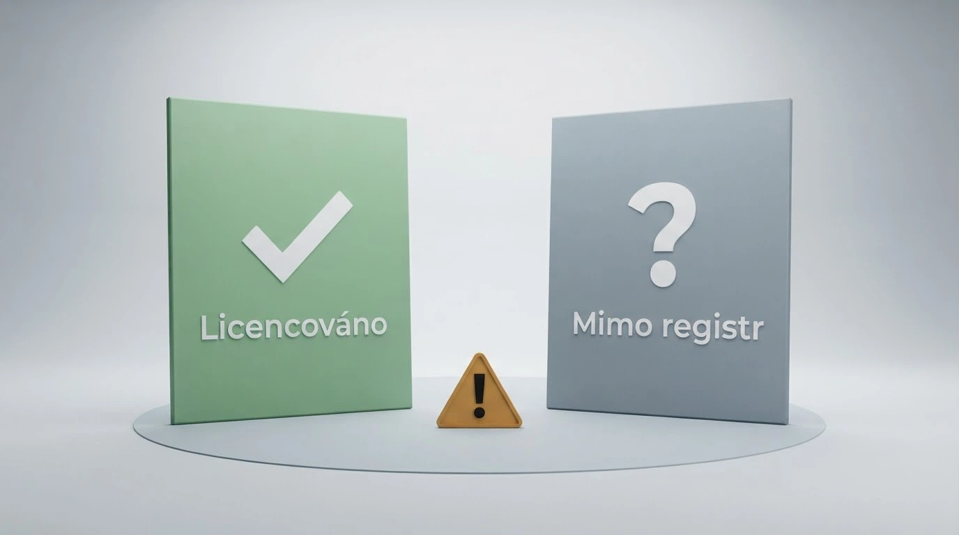 Rozcestník: vlevo logo MF ČR a zelená fajfka „licencováno“, vpravo šedý otazník „mimo registr“, mezi nimi varovný piktogram