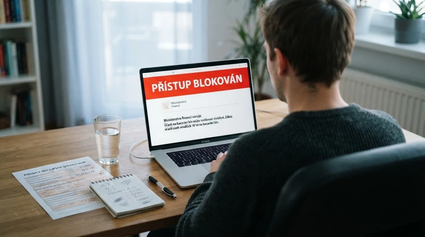 Úřední dokument s razítkem MF ČR, vedle obrazovka s nápisem „přístup blokován“ a kalkulačka s daňovým přiznáním