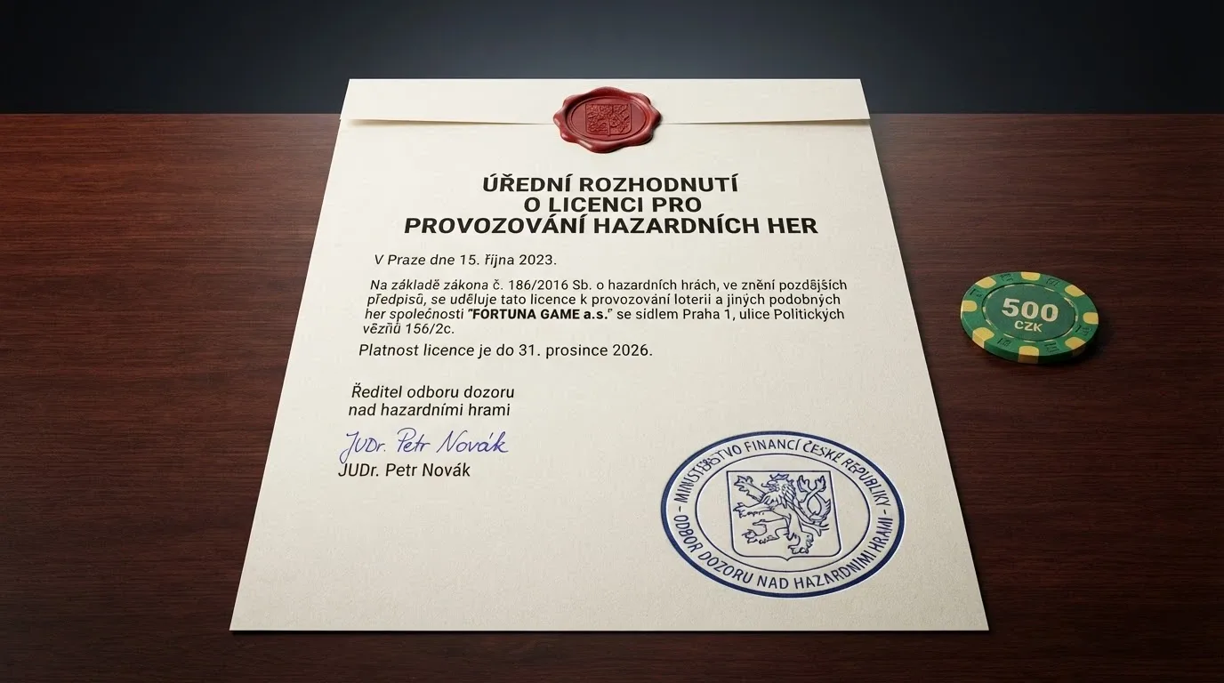 Úřední dokument s razítkem Ministerstva financí ČR a paragrafem zákona o hazardních hrách
