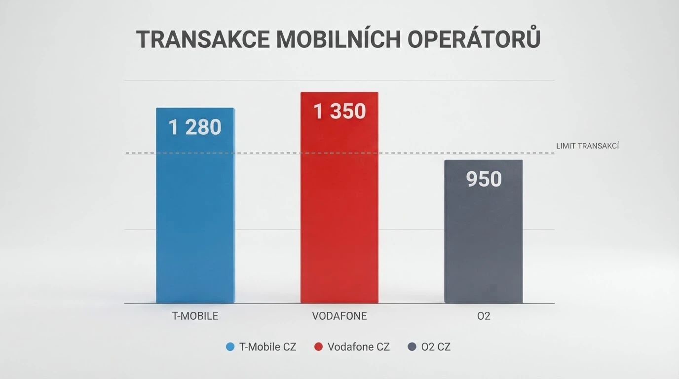 Tři sloupce s logy O2, T-Mobile a Vodafone a zvýrazněnými číselnými hodnotami limitů na transakci, za měsíc a za rok