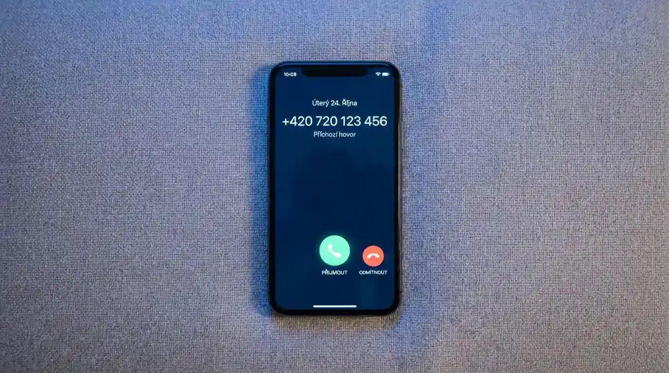 Telefon s vytočeným číslem 777 477 877 na non-stop linku pomoci, v pozadí uklidňující modré světlo