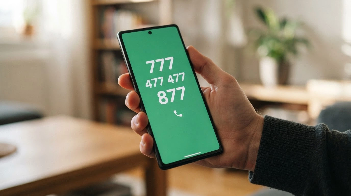 Mobilní telefon zobrazující číslo linky pomoci 777 477 877 na zeleném pozadí