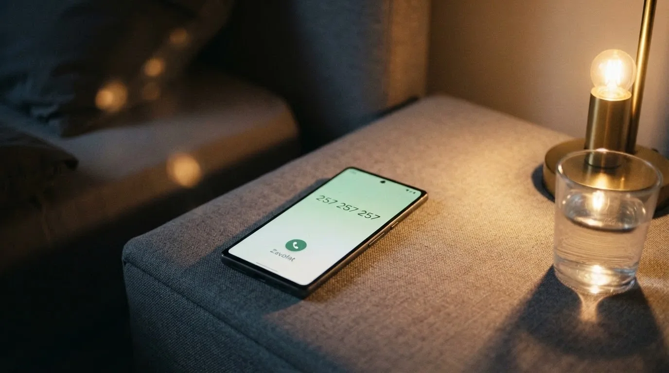 Telefon s vytočeným číslem linky pomoci pro hráče hazardních her, nonstop 24/7