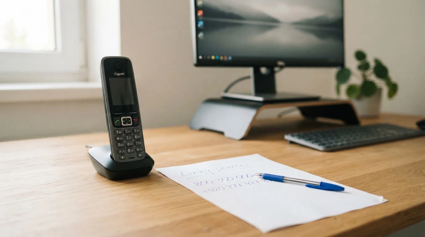 Telefonní sluchátko na stole vedle papíru s nadepsanými čísly linek pomoci, v pozadí rozostřený monitor