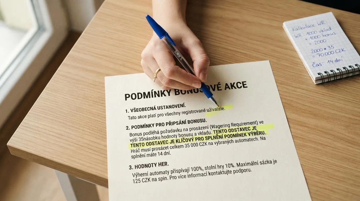 Detail bonusových podmínek — pero zvýrazňující řádek s wageringem ve smluvních podmínkách