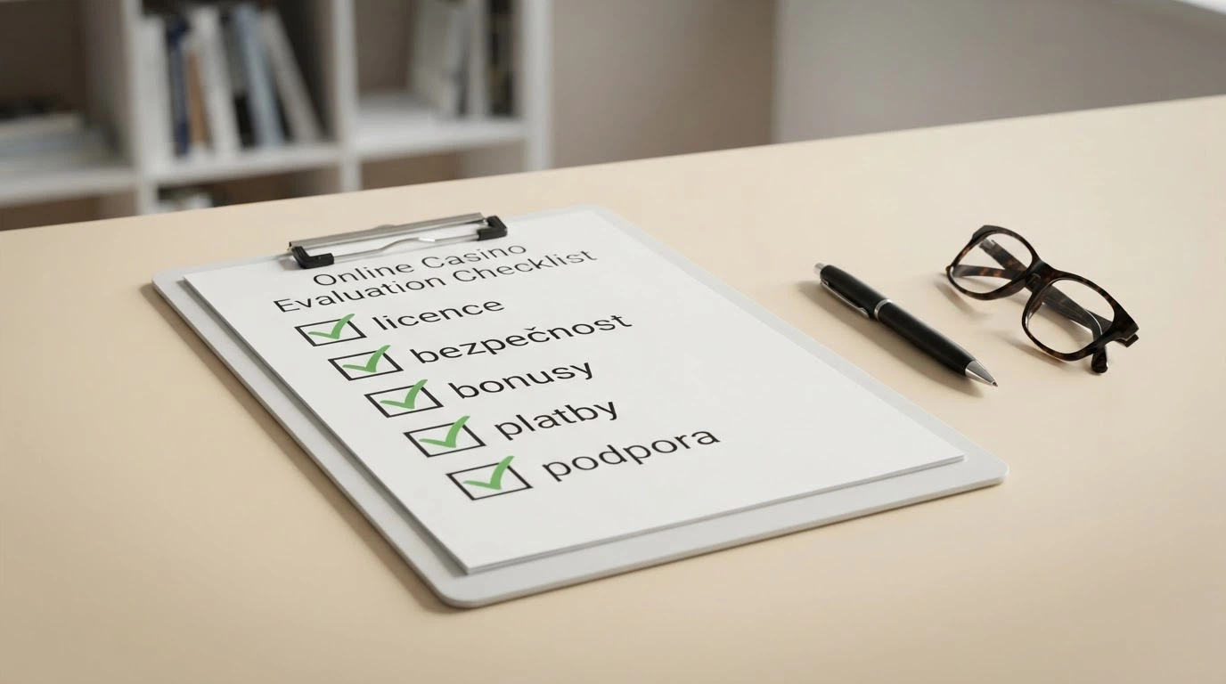 Checklist s hlavními hodnoticími kritérii: licence, bezpečnost, bonusy, platby a podpora