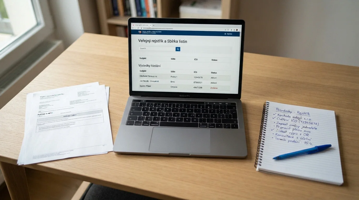 Otevřený notebook s webovou stránkou registru Ministerstva financí ČR, vedle něj poznámkový blok s ručně psanými kritérii hodnocení