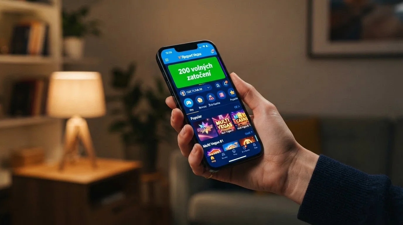 Mobilní telefon s otevřenou casino aplikací a notifikací o připsaných free spinech