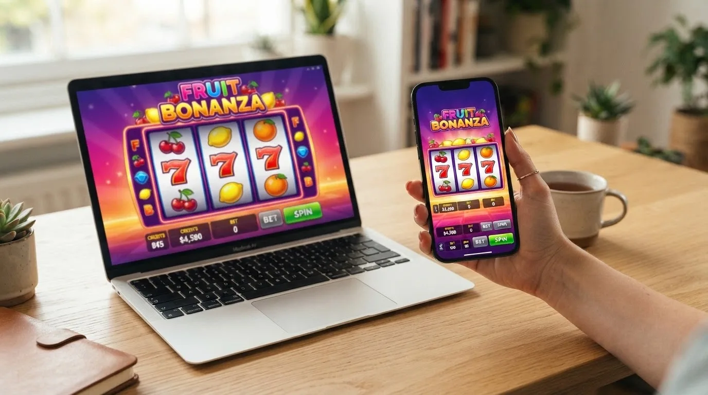 Mobilní telefon s roztočeným automatem na displeji, vedle něj stejný automat na obrazovce notebooku — identické rozhraní