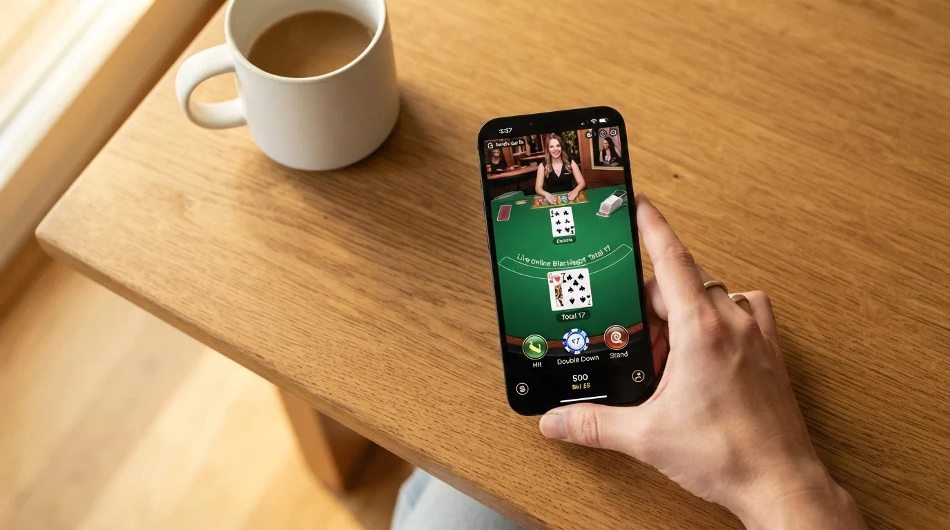 Displej mobilního telefonu s rozehranou rukou živého blackjacku — stream ve vysokém rozlišení