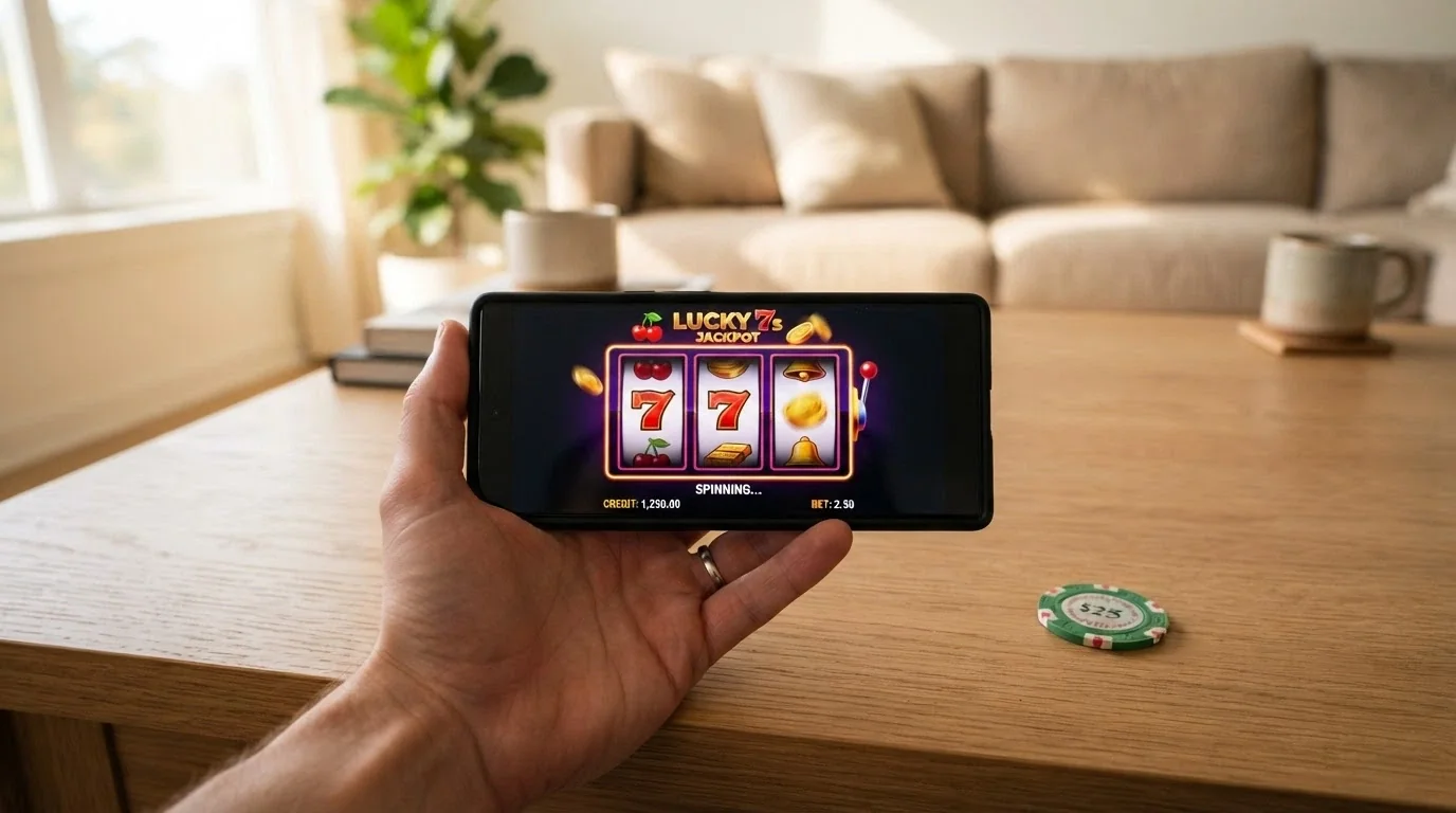 Mobilní telefon s roztočeným automatem v online casinu