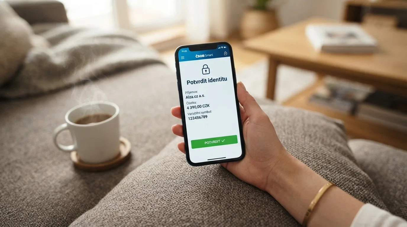 Mobilní telefon v ruce, na displeji krok registrace přes Bank iD — obrazovka internetového bankovnictví s potvrzovacím tlačítkem, vedle telefonu šálek kávy (domácí prostředí)