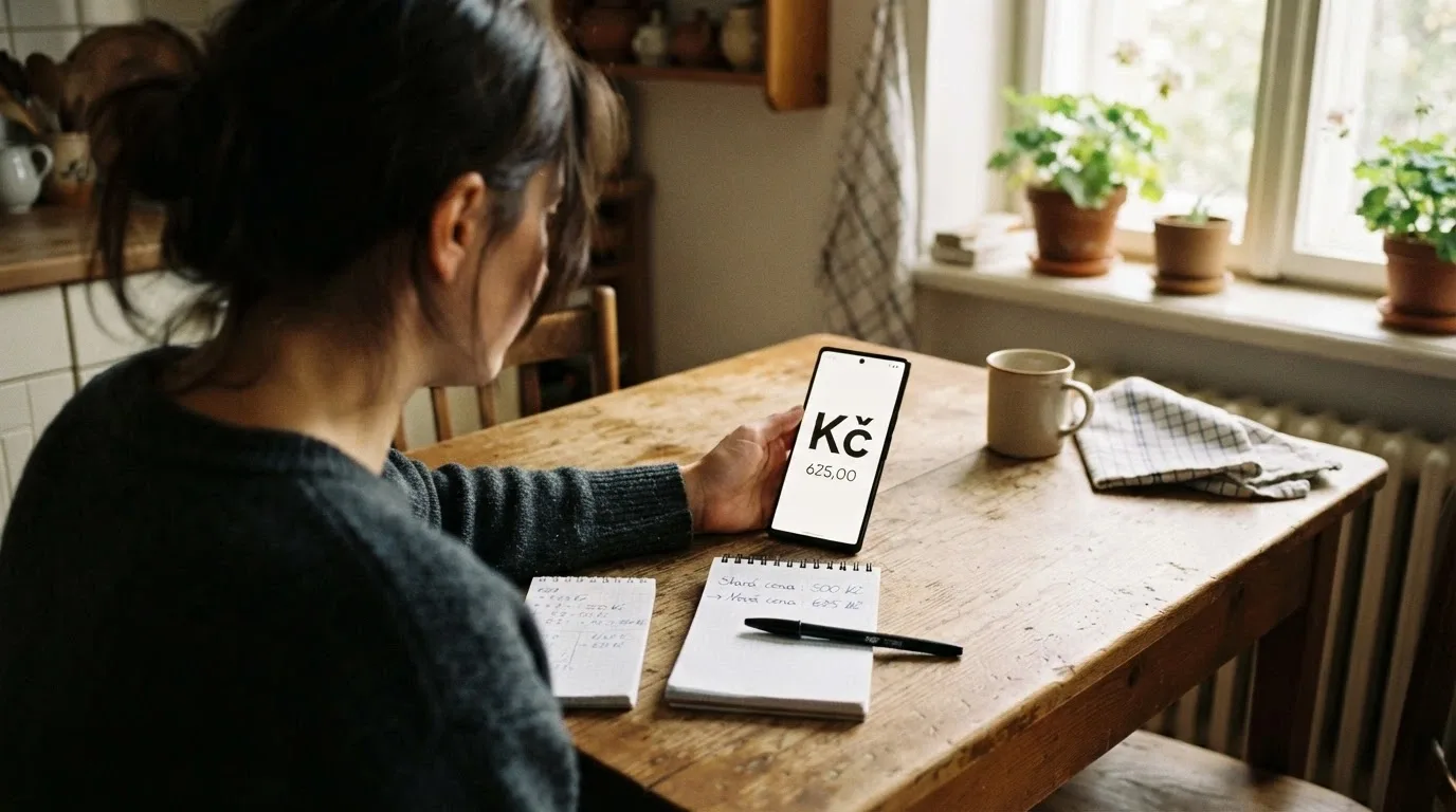 Hráč sedící u stolu s mobilem v jedné ruce a kalkulačkou v druhé, na papíře před ním rozpočet ukazující rozdíl mezi vkladem 500 Kč a skutečnými náklady 625 Kč