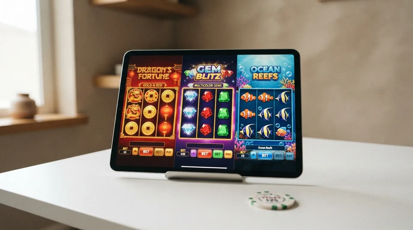 Výběr nejhranějších online automatů — Book of Dead, Starburst, Sweet Bonanza — na displeji tabletu