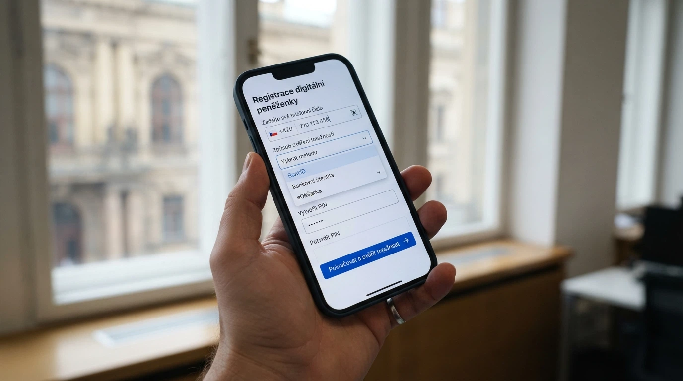 Obrazovka registrace do NeteraPay peněženky s polem pro telefonní číslo a ověřením totožnosti, v pozadí logo ČNB
