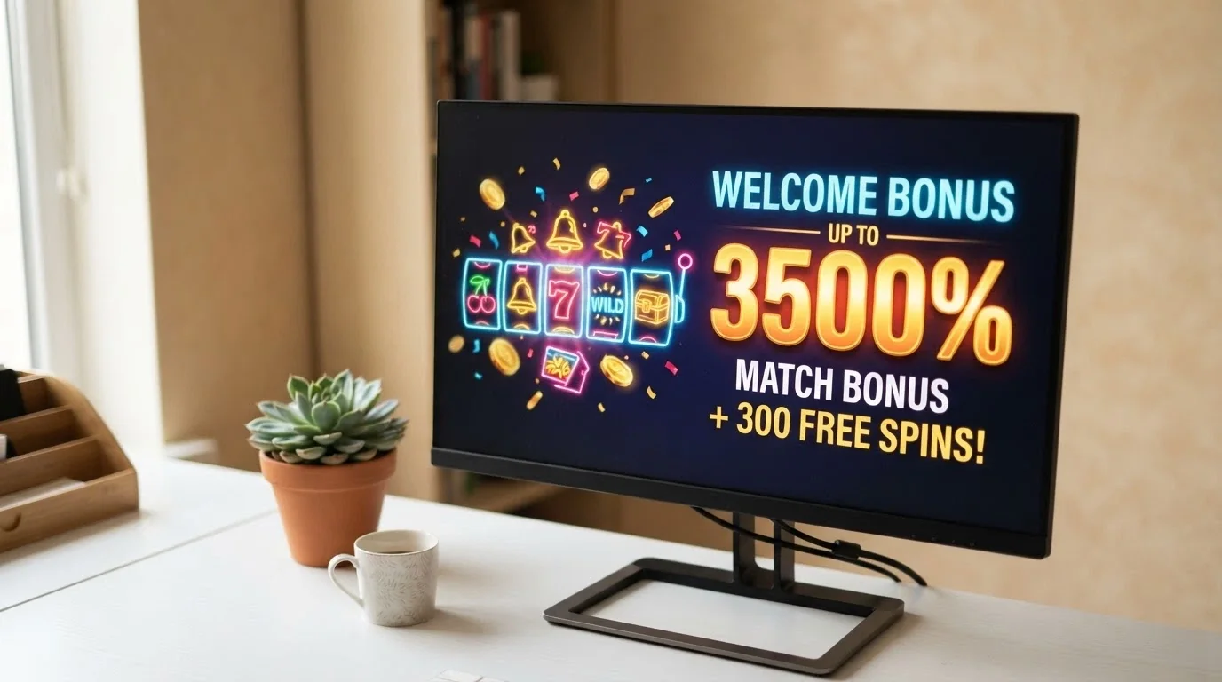 Čerstvě spuštěné online kasino s uvítací nabídkou na monitoru počítače