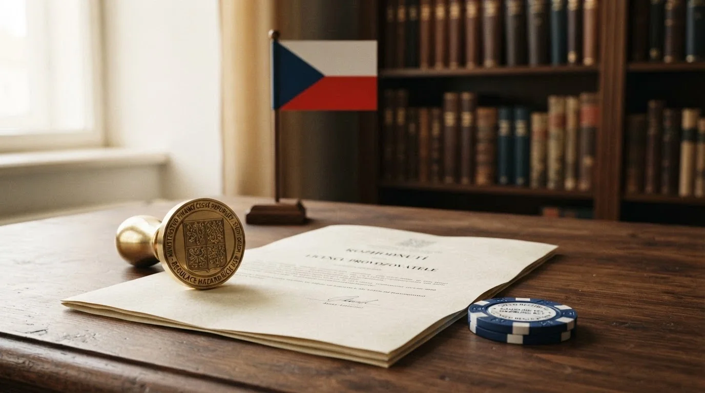 Pečeť Ministerstva financí ČR na pozadí vlajky — symbol licencovaného trhu
