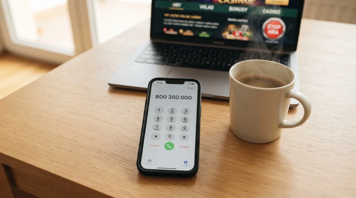Telefon s vytočeným číslem 800 350 000 na displeji ležící na stole vedle šálku kávy, v pozadí rozmazaná obrazovka s logem casina a nápisem Panic Button