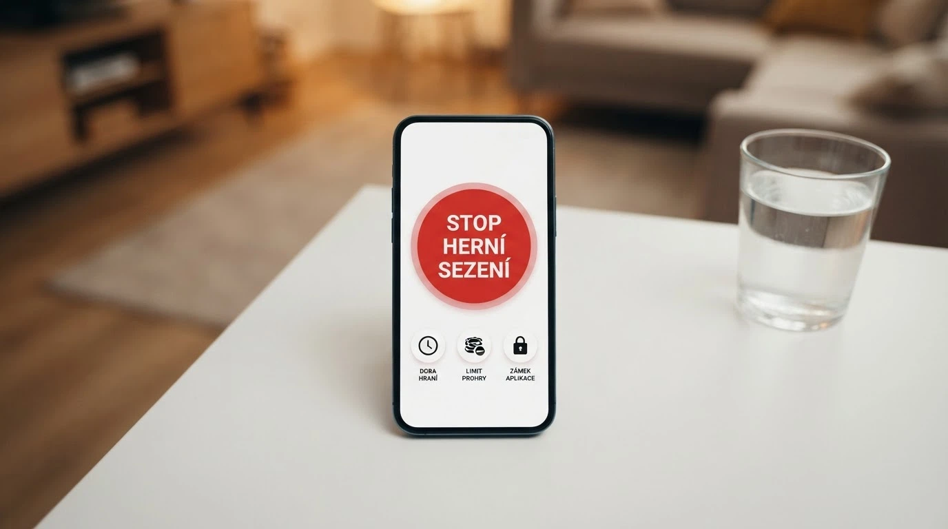 Displej mobilního telefonu s výrazným červeným tlačítkem „panic button“, vedle ikony znázorňující časový limit, finanční strop a visací zámek
