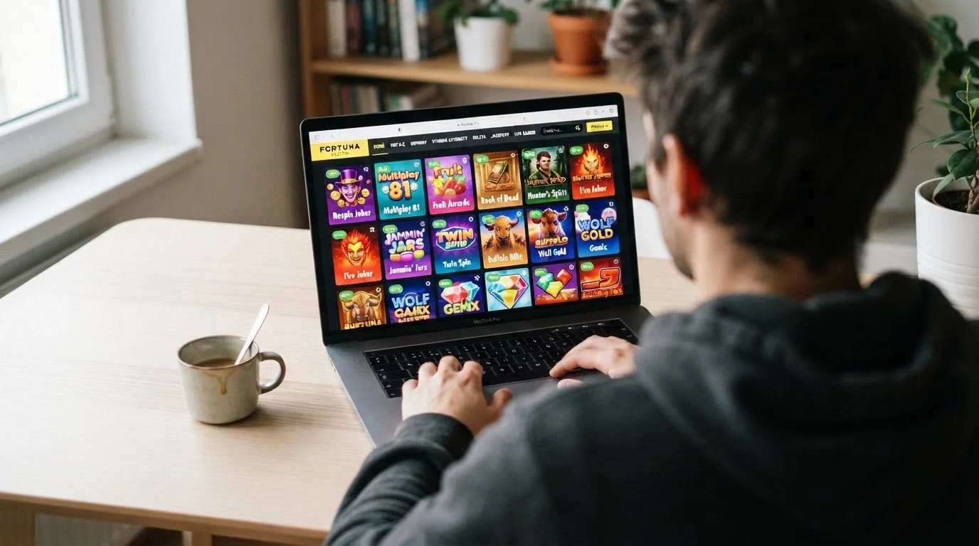 Casino lobby na displeji notebooku s výběrem automatů, viditelné RTP u každého titulu, české rozhraní