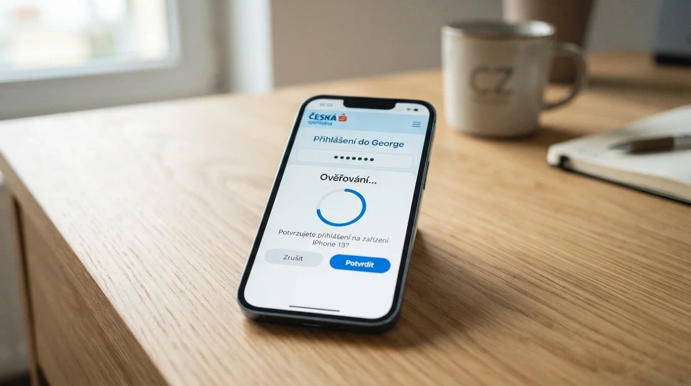 Mobilní telefon s přihlašovací obrazovkou internetového bankovnictví a logem Bank iD, vedle něj ukazatel průběhu ověření