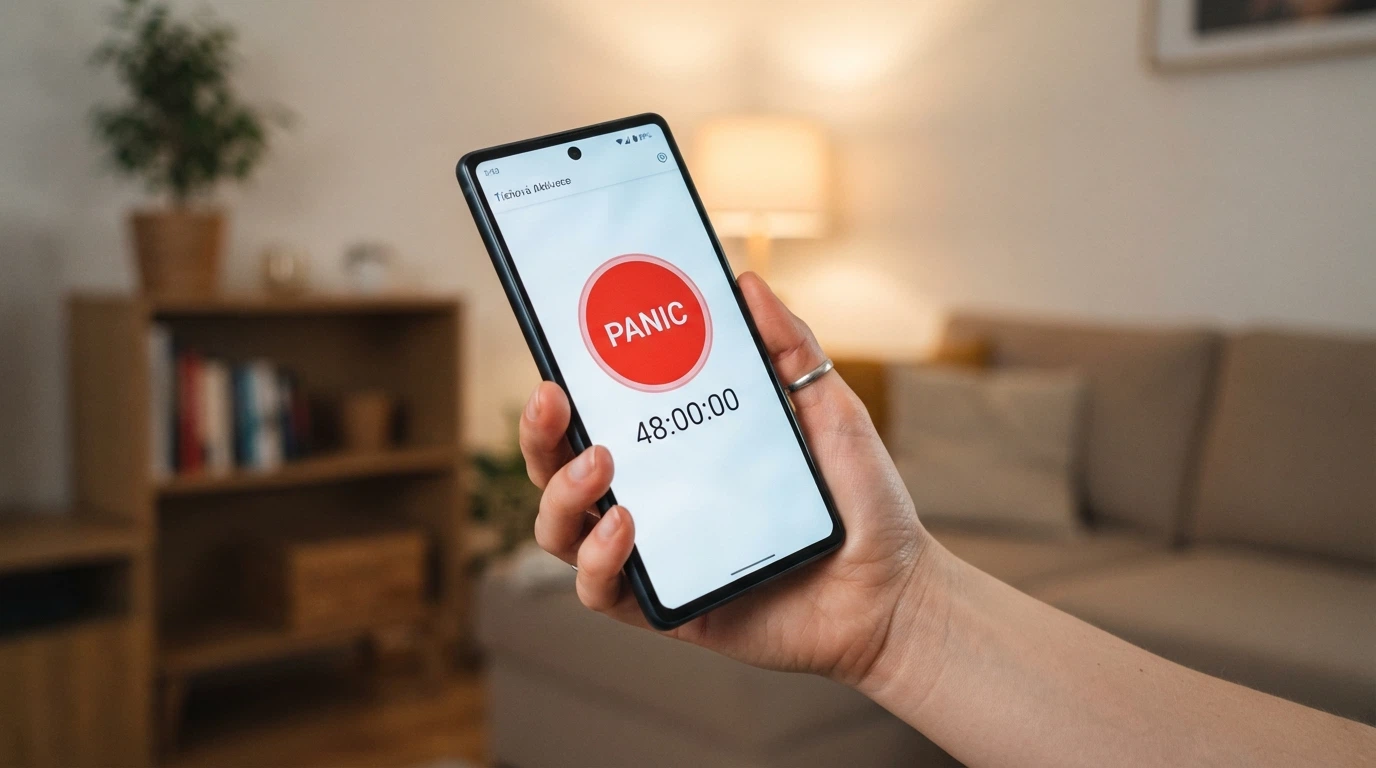 Červené tlačítko s nápisem PANIC na obrazovce telefonu, vedle něj odpočet 48 hodin