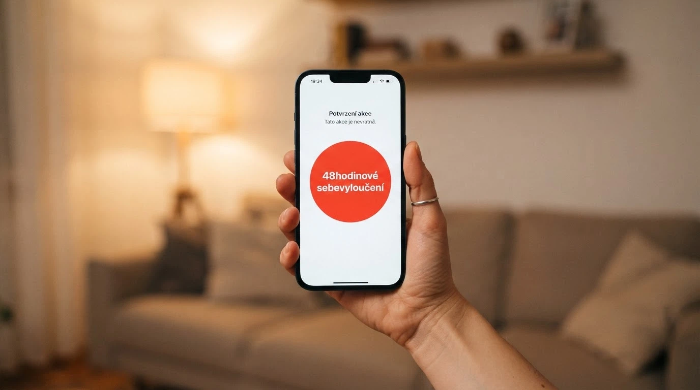 Tlačítko „Panic button“ na obrazovce — červené, výrazné, s textem „48hodinové sebevyloučení“
